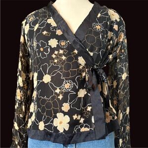 Floral Wrap Sheer Top - Black and Cream